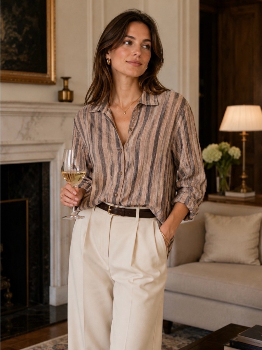 Asiatica Striped tan / black blouse crinkly high end luxury.